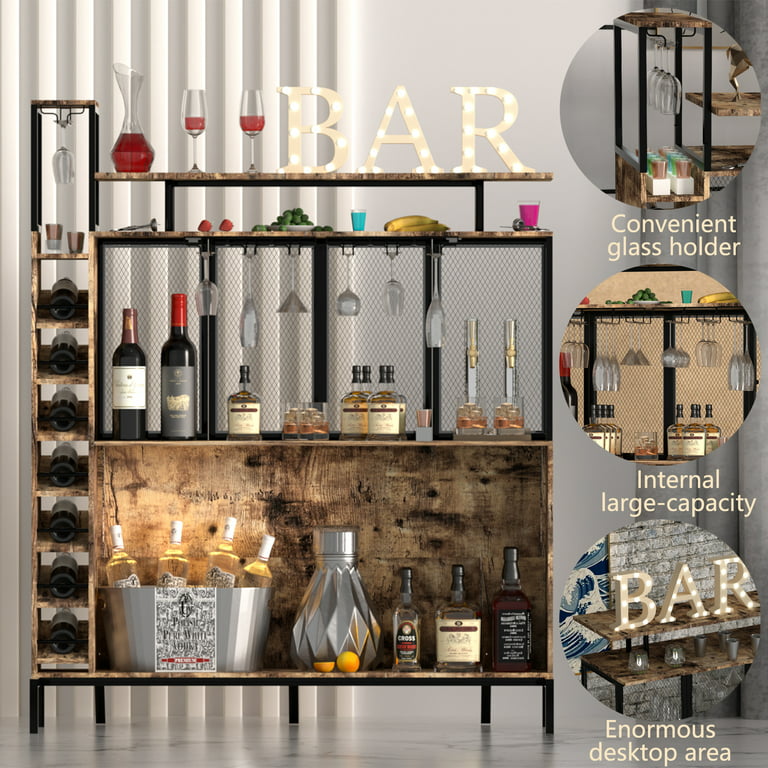 PAKASEPT Home Bar Table, 4 Tier Liquor Cabinet Bar with Stemware Racks and  Wine Storage Shelves, Mini Bar Wine Cabinet for Home Kitchen Pub, Rustic  Brown 