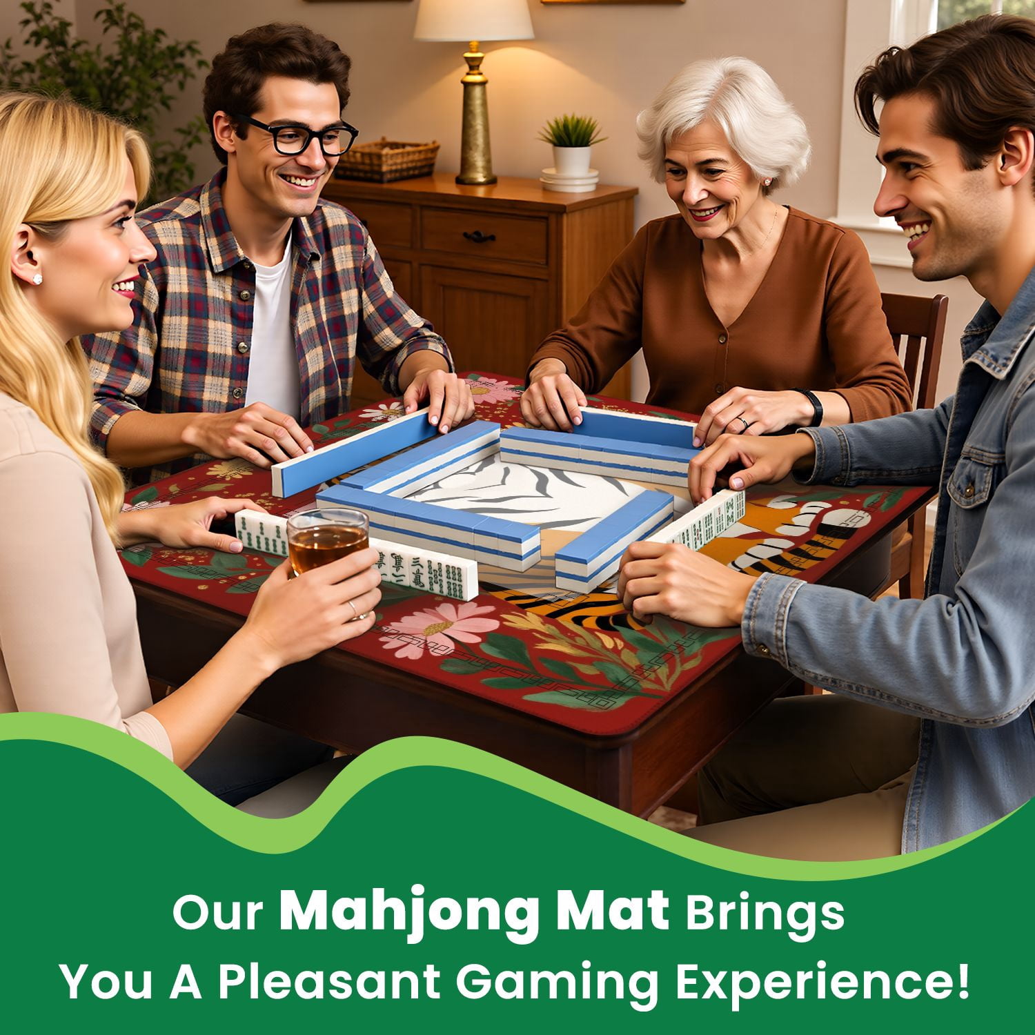 Mahjong Mat 31.5" x 31.5" Majestic Tiger Sitting Among Colorful Flowers Red Illustrated Nature Non-Slip Noise Reduction American Mahjong Tiles Table Cover for Dominoes Poker Card Board Games Gift