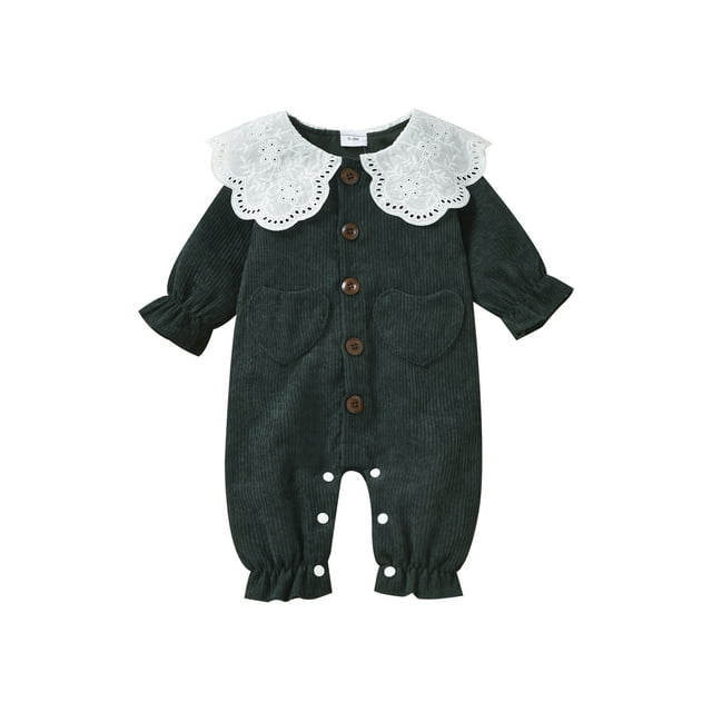 TheFound Barboteuse pour Bébé Fille à Manches Longues, Col Peter Pan, Combinaison en Velours Côtelé à Boutons
