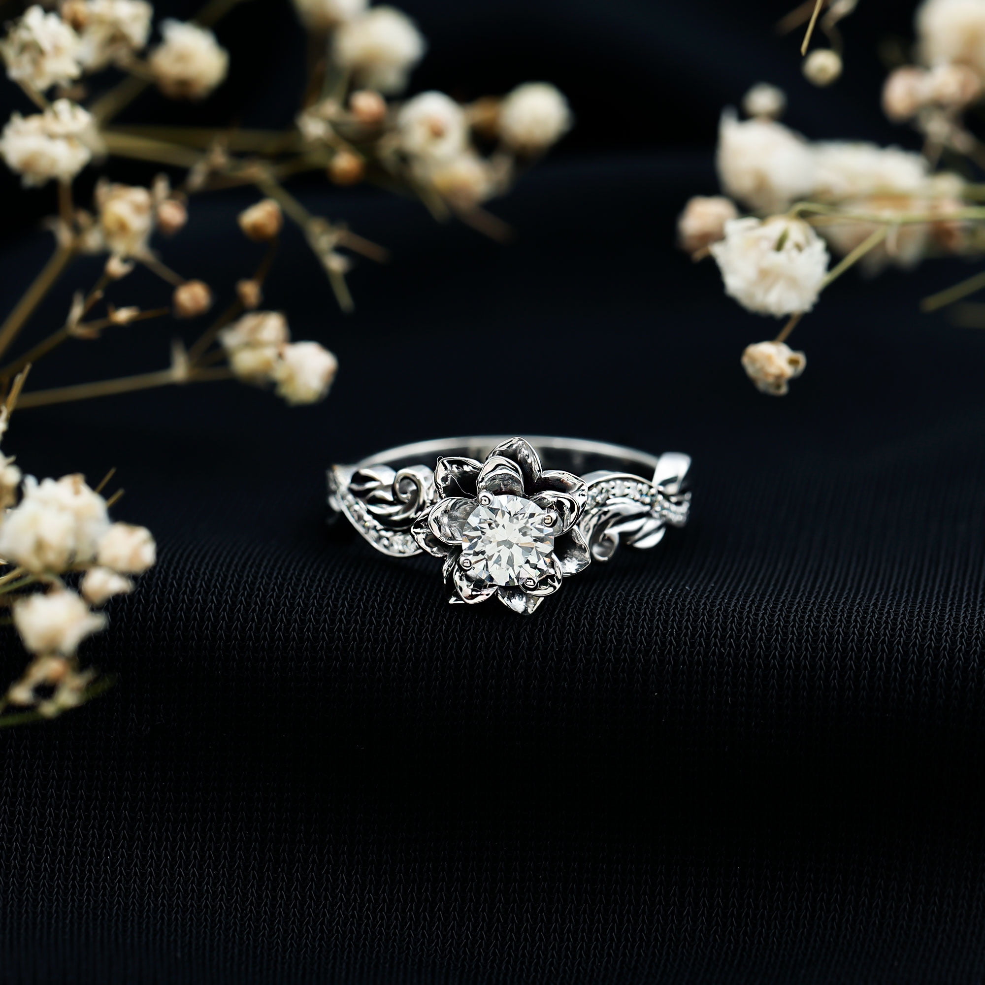 Rosec Jewels 925 Sterling Silver Moissanite Ring (Half Carat, D-VS1 Grade) - Nature Inspired Engagement Ring - Ready to Gift, US 8.00