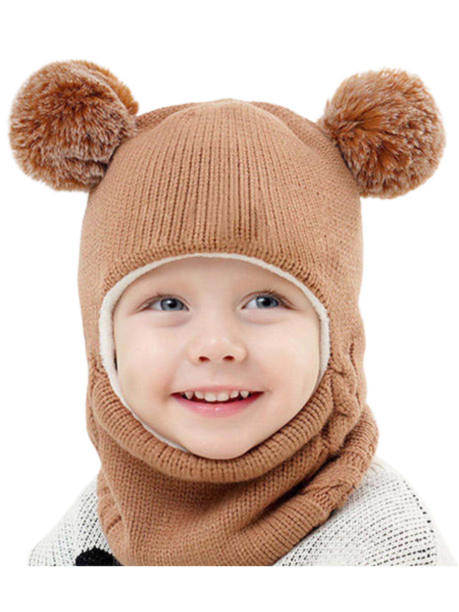 Winter Baby Knitted Hat Scarf Kids Boys Girls Hood Hats Toddler Earflap Beanie with Pompom 