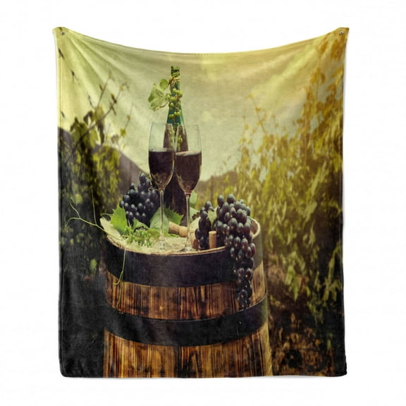 Wine Soft Flannel Fleece Throw Blanket, Scenic Tuscany Landscape with Cask Couple of Glasses and Ripe Grapes Growth, Cozy Plush for Indoor and Outdoor Use, 60" x 80", Green Black Brown, by Ambesonne