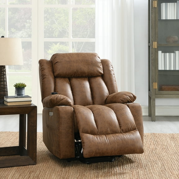 Brown Massaging Chair - Stress, Adjustable Recline Position Power Recliner With Heat In Relax And Rejuvenate, Faux Leather