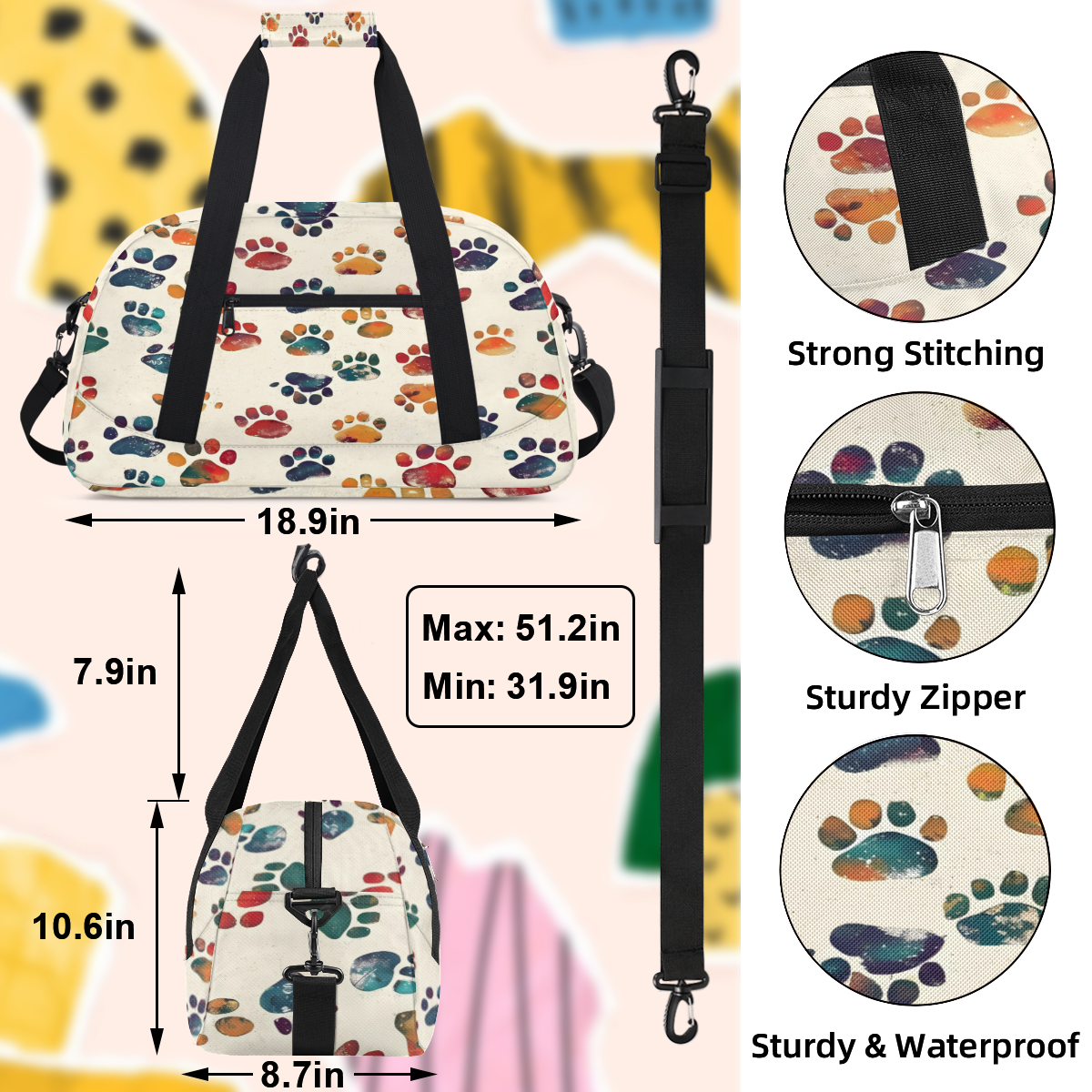 Herdesigns Sports Duffle Bags Travel Duffle Bag Gym Bag Dog Paw Print Weekender Travel Bag Waterproof Overnight Bag Carry On Travel Tote Bag Dance Bags