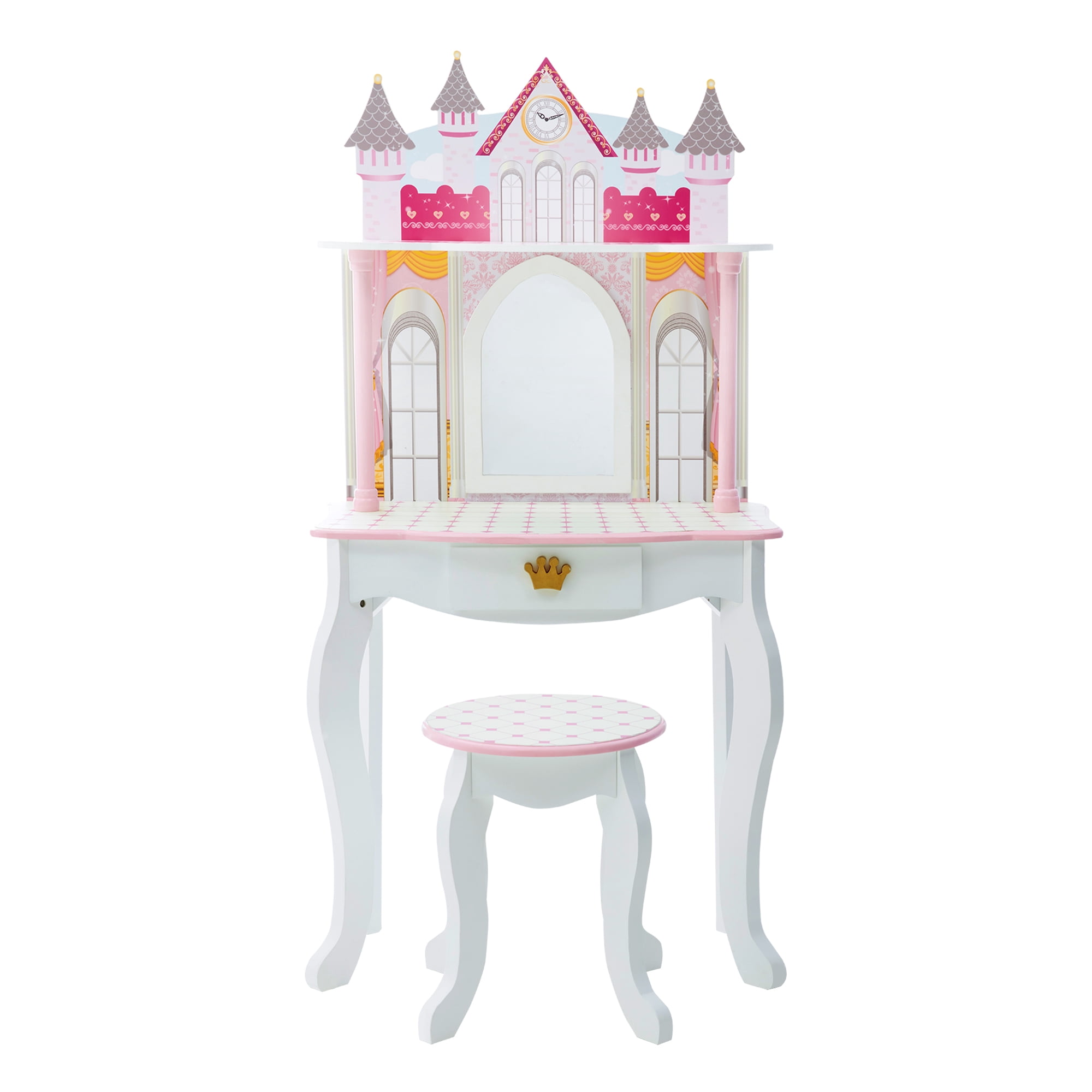 Teamson Kids Dreamland Castle Wooden Vanity Play Set with Stool & Mirror, Pink/White