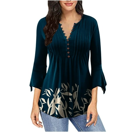 

Odeerbi Clearance Womens Tops Long Sleeve Blouses Casual Trumpet Three Quarter Sleeve Printing Buttoned Basic Ruched Corset Tunic Pleated T-shirts Navy