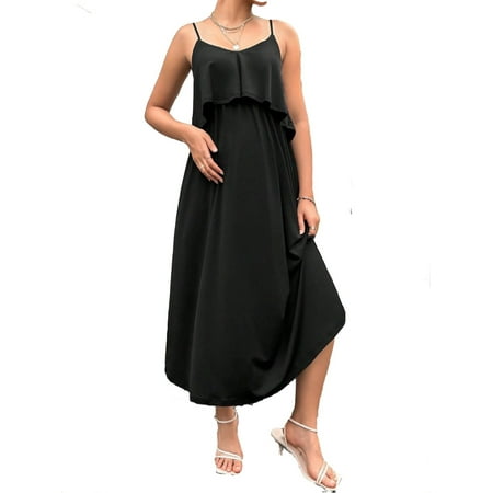 

Maternity Clothing Casual Plain Nursing Spaghetti Strap Black Dresses S