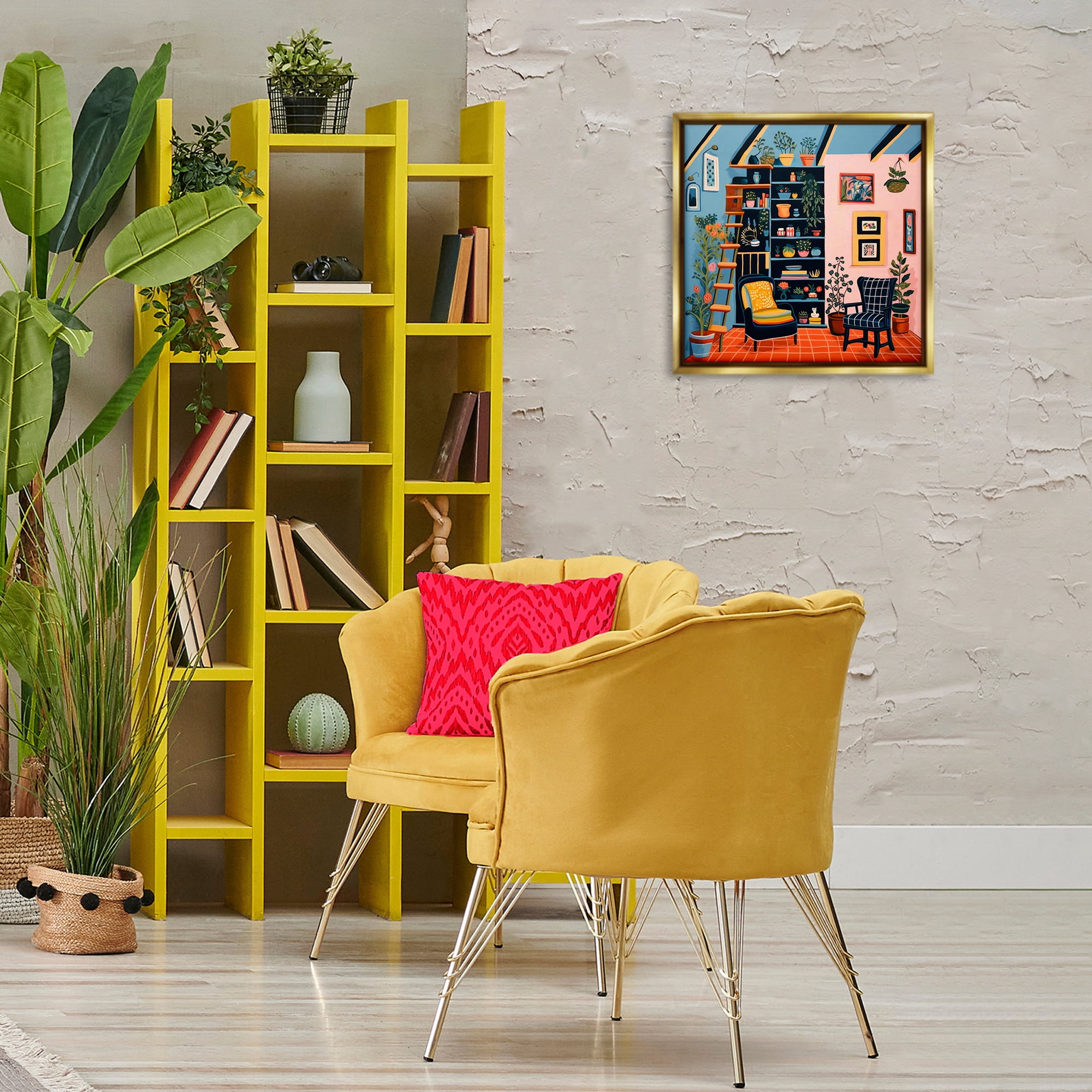 Stupell Industries Bookshelf Scene & Plants Furniture Painting Gold Floater Framed Canvas Art Print Wall Art, 18 x 18