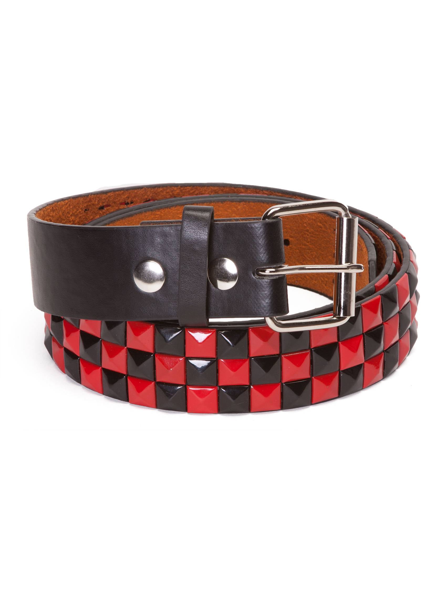 Clover - Studded Checker Board Pattern Leather Belt - Black/Red, Large ...