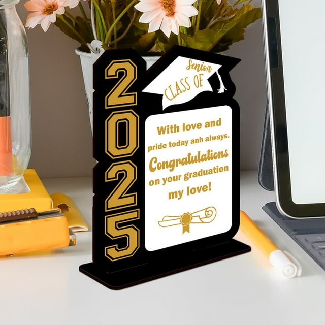 Class of 2025 Graduation Centerpiece - Rustic Wooden Table Decor for Graduation Parties - Black & Gold Congrats Grad Table Topper for High School & College