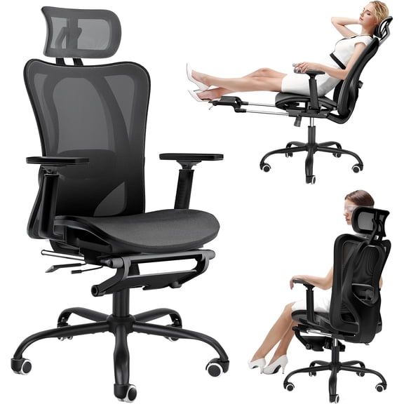 Ergonomic High-Back Mesh Office Chair with Multi-Functional Retractable Footrest and Adjustable Lumbar Support – Breathable 360-Degree Swivel Task Chair with 3D Flip-Up Armrests for Home and,Black