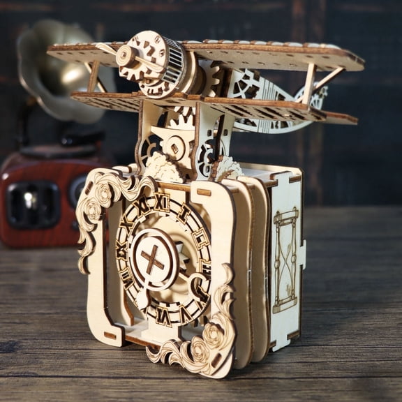 Music Park Vintage 3D Wooden Puzzle Airplane Music Box DIY Assembly Model Kit Birthday Christmas Unique Gift for Women