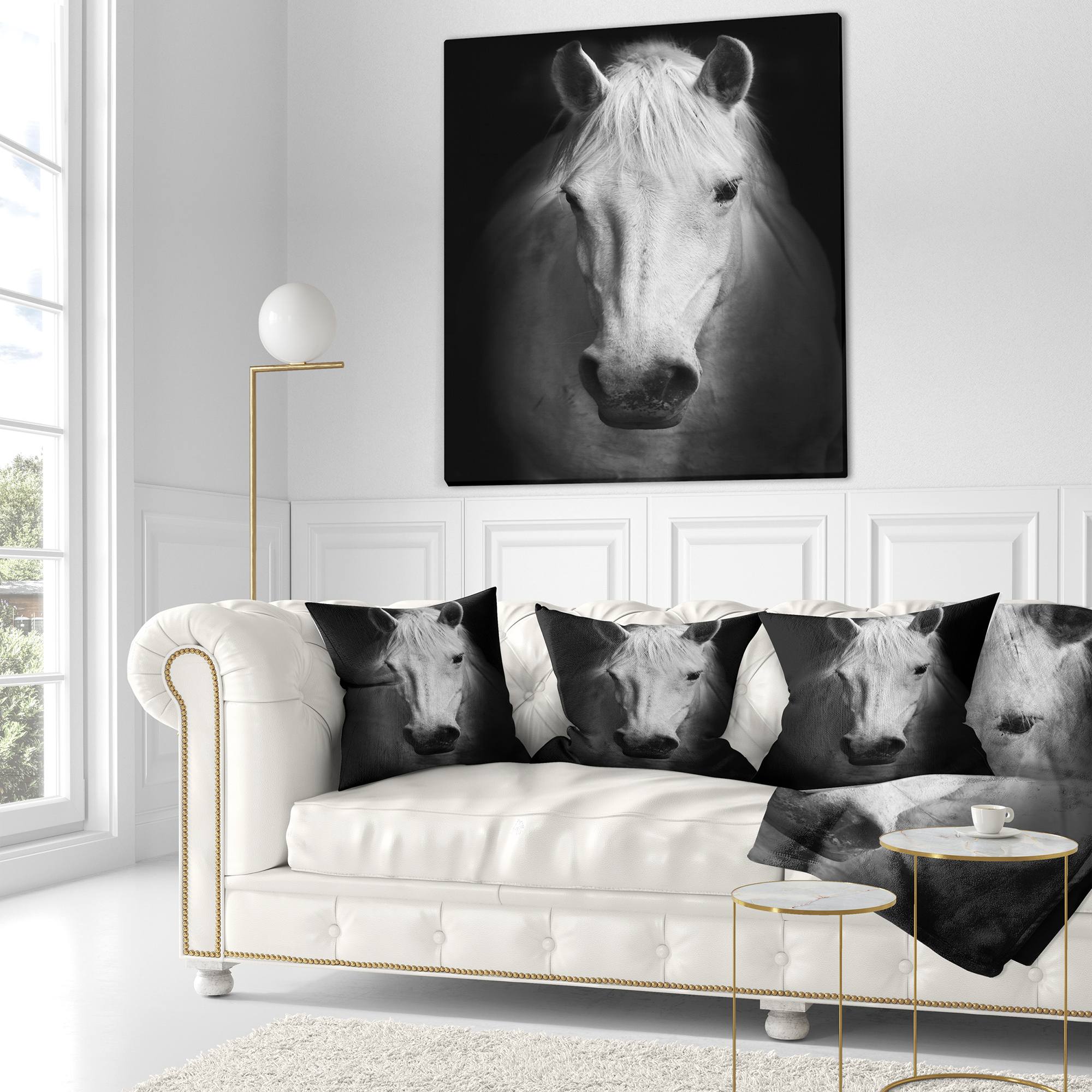 Designart White Horse Black and White - Animal Throw Pillow - 18x18