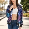thumbnail image 2 of Women's Sequin Jacket Sparkle Long Sleeve Front Zip Casual Blazer Bomber Jacket With Pockets- Medium, Midnight, 2 of 6