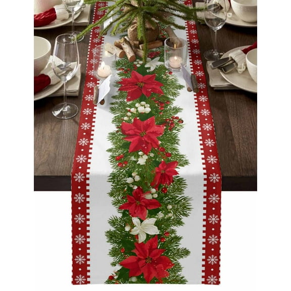 Christmas Table Runner Red Poinsettia Berry Table Runners Holly Snowflake Cotton Linen Dresser Scarf Kitchen Dining Table Decor for Christmas Holiday Party Decor 13x36 Inch