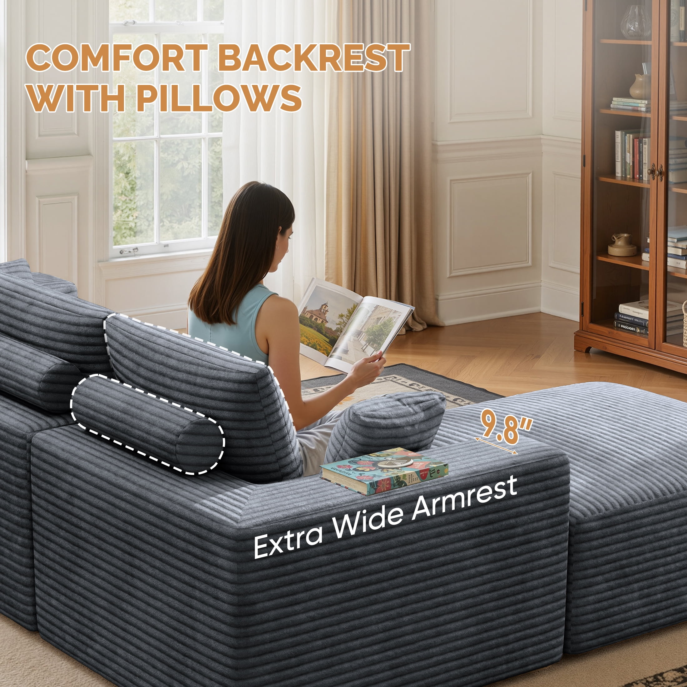 Daluvenix Modern Modular Sectional Sofa 113" L-Shaped Boneless Couch with Deep Seat Convertible Corduroy Cloud Couches for Living Room