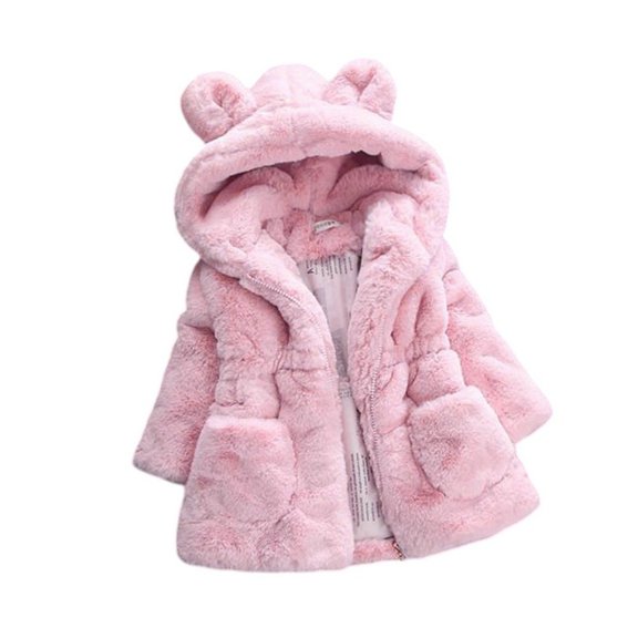 Toddler Girls Winter Fleece Coat Kids Hooded Faux Fur Jacket Baby Warm Outwear