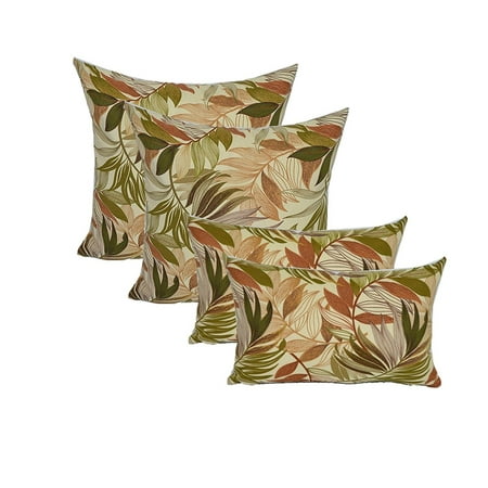 Green Lumbar Pillow Set of 4 In / Outdoor Pillows - 2 Square Throw Pillows & 2 Rectangle / Lumbar Decorative Throw Pillows - White, Tan, Brown, Green, Tropical Palm Leaf - Choose Size (17
