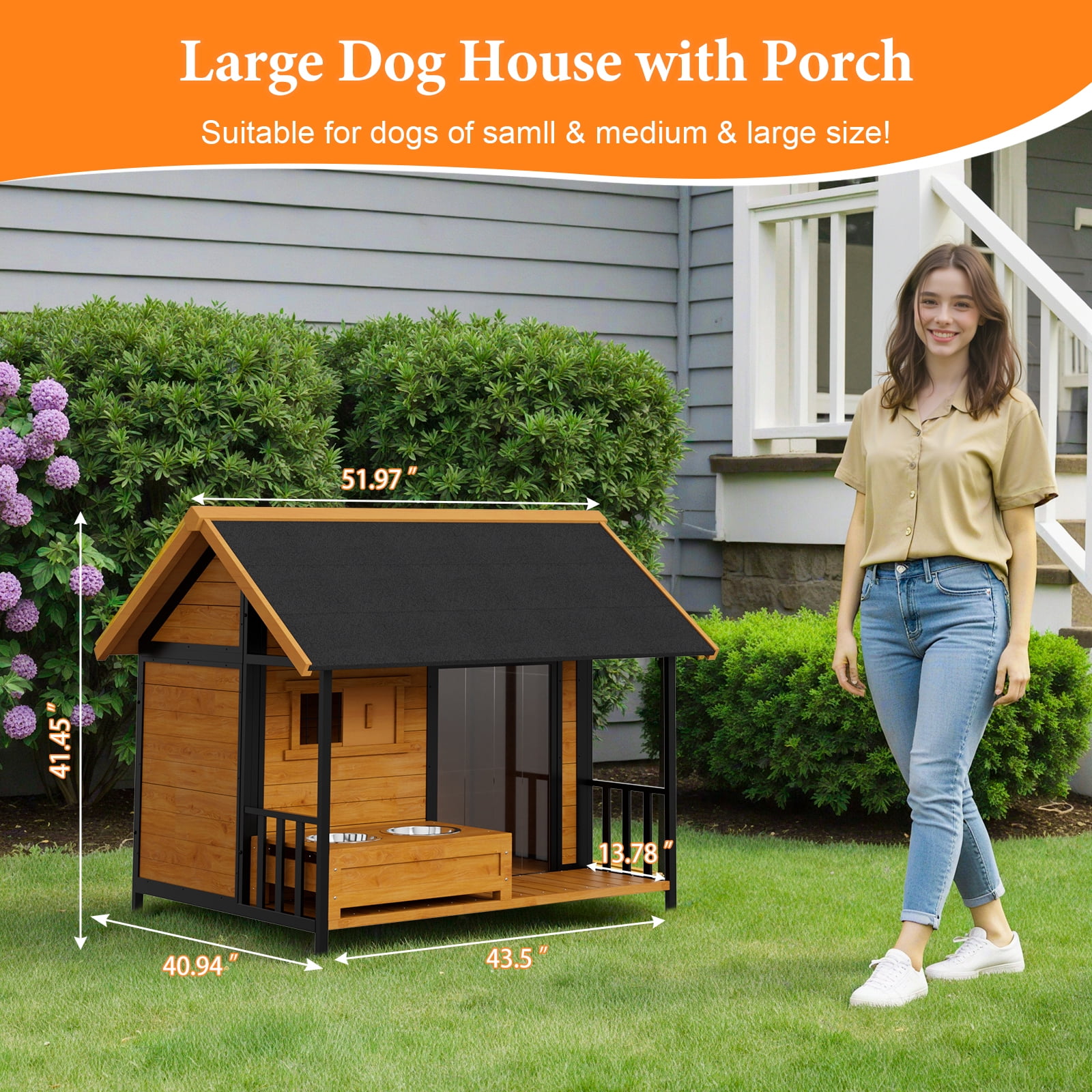 HomeSheek Premium Large Outdoor Dog House with Insulated Liner & Bowl Stand, Durable Iron Frame, Weatherproof Roof, Easy Assembly, Spacious Kennel