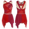 thumbnail image 5 of SiiRoh Womens Rhinestone Lyrical Dance Dress Color Block Mesh Ruched Twisted Knot Irregular Hem Sleeveless Leotard Dress Red M, 5 of 7