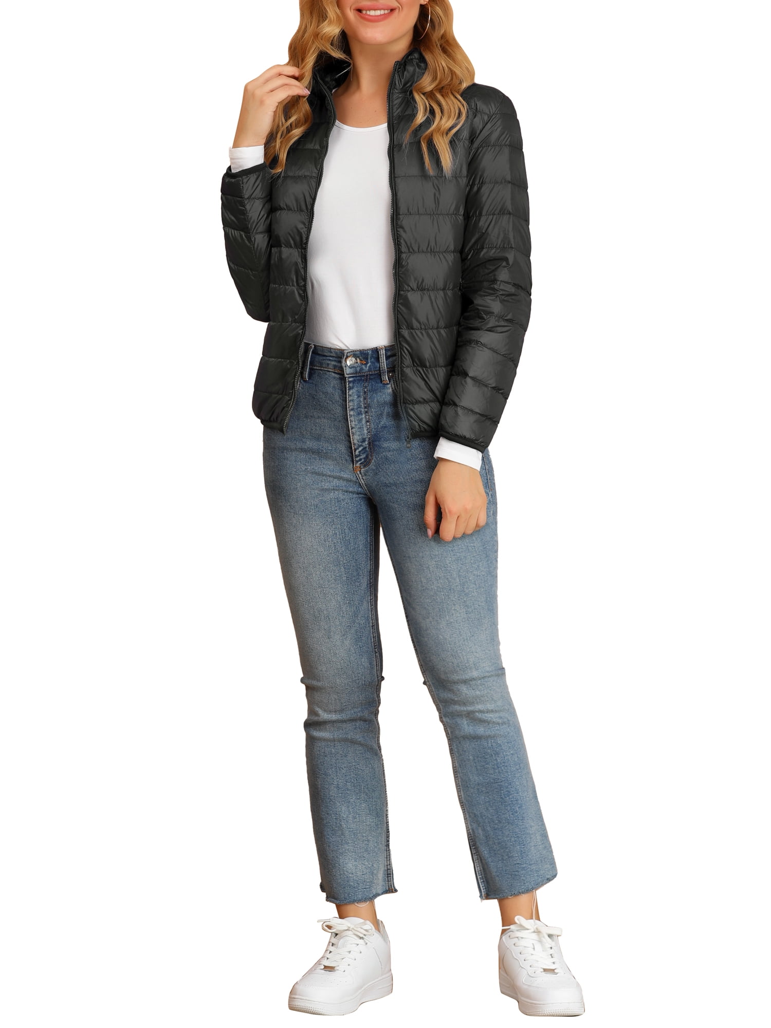 DARING DIVA Women's Hooded Zip Up Short Down Lightweight Jacket L Black