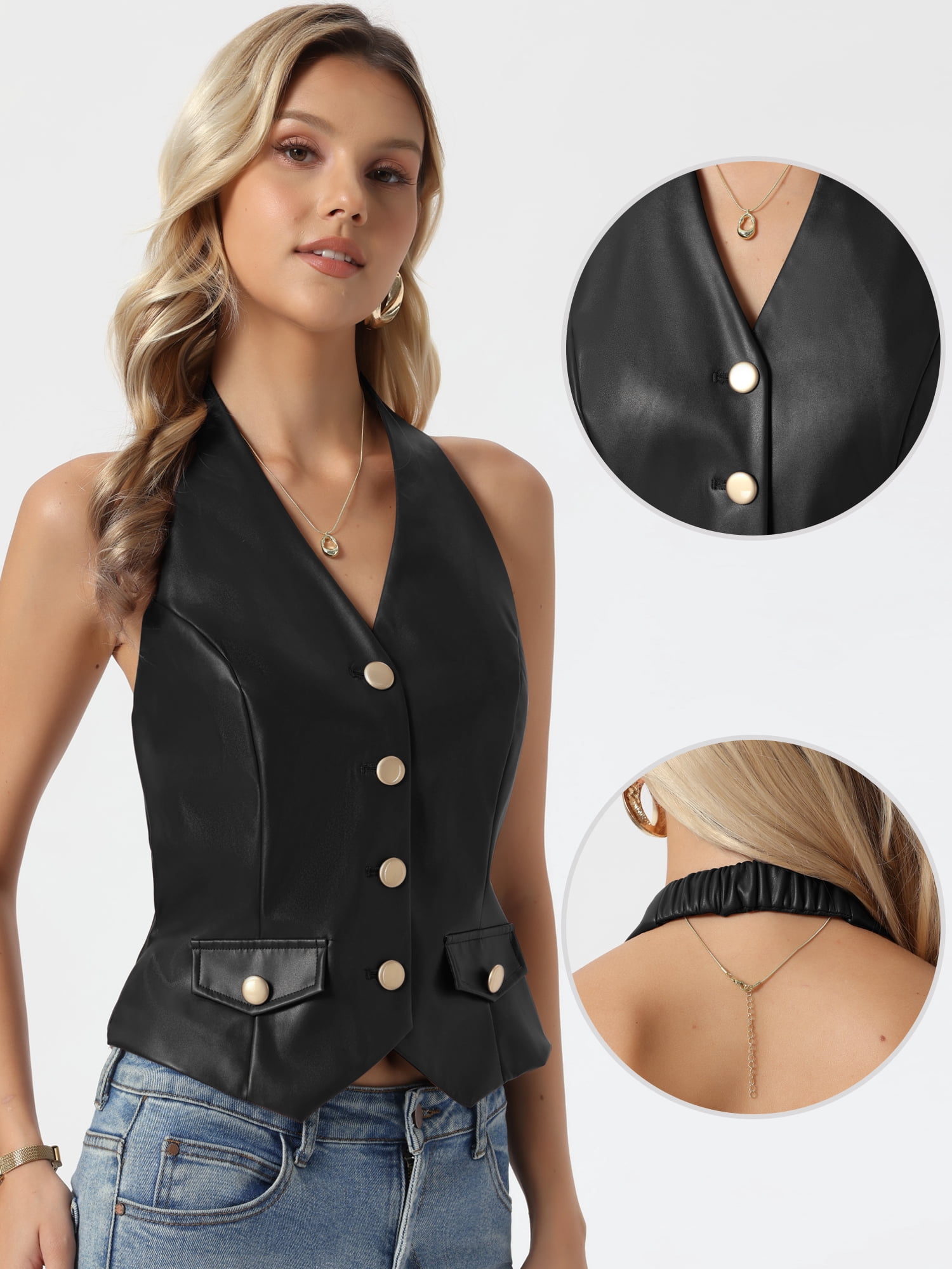 DARING DIVA Women's Faux Leather Vest Button Down V Neck Halter Vest XL Black
