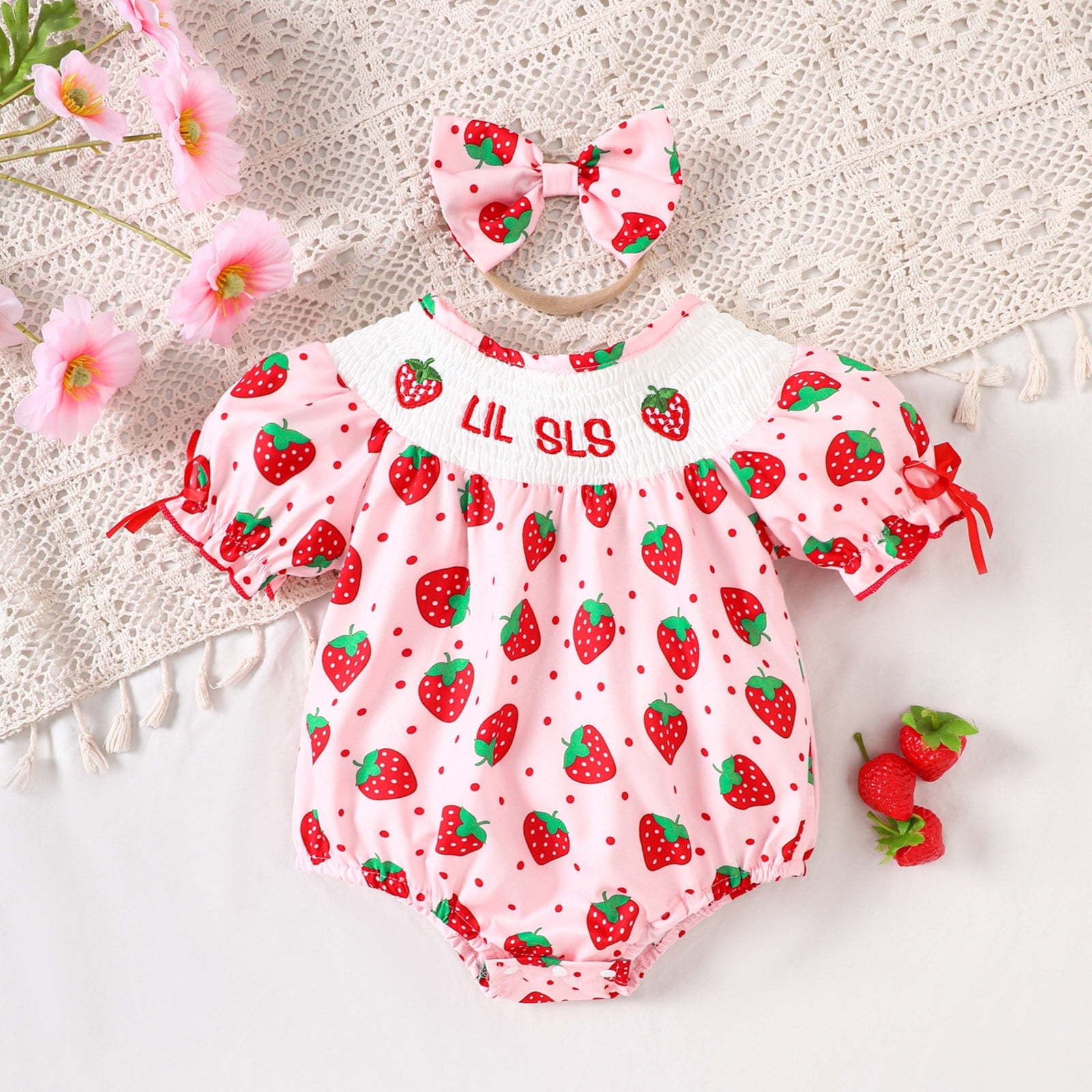 Girls Romper Baby Girls Summer Short Sleeve Strawberry Prints Romper Bodysuits Headbands Set Baby Romper Pink 6 Months-12 Months