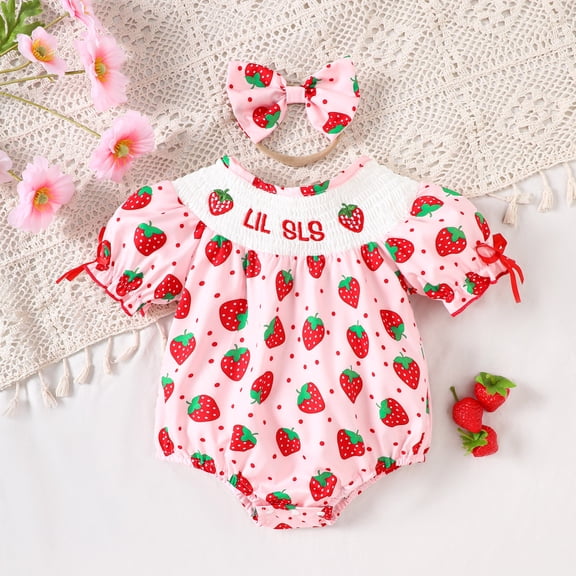 Baby Onesies Infant Girls Short Sleeve Strawberry Print Bubble Romper with Headband Baby Romper Pink 6-12 Months