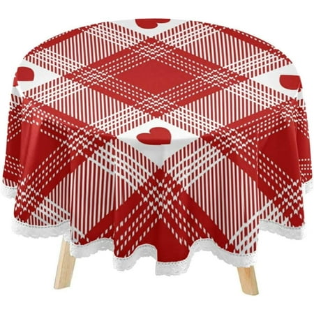 SKYSONIC Vintage Plaid Red Round Tablecloth 60inch Indoor Wrinkle Free, Valentine's Day Circular Lace Table Cover Washable for Kitchen Dining Decor