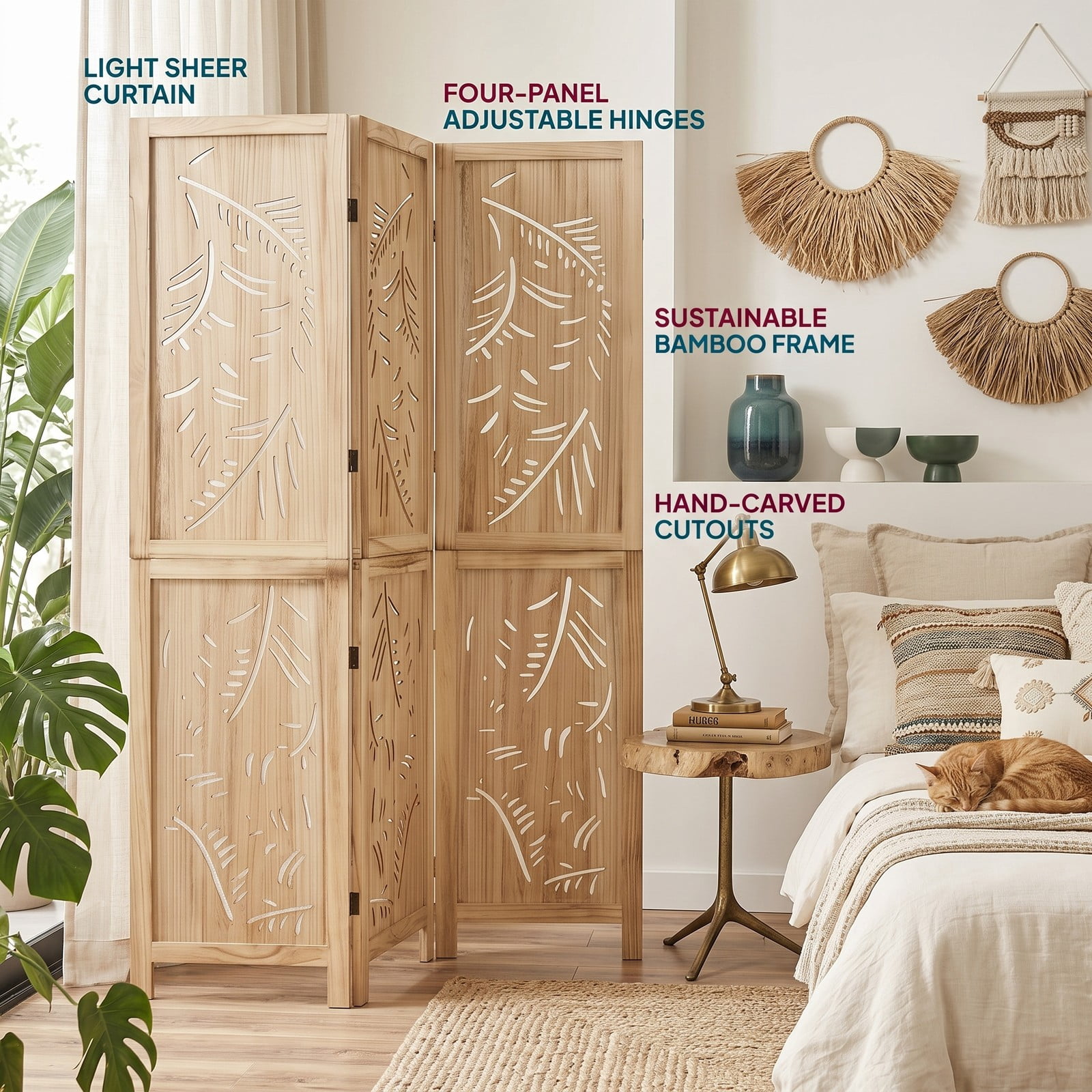 ALPULON 4-Panel Wooden Room Divider Freestanding Folding Privacy Screen with Palm Leaf Design & Paulownia Frame for Home Bedroom Office, Natural