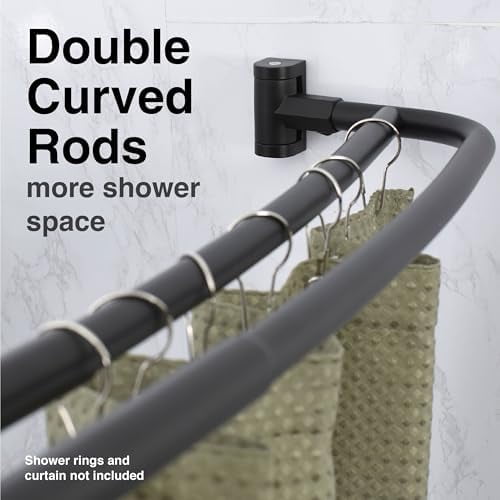Double Curved Shower Rod, Metal Construction, Adjustable Between 44 to 70 Inches, Aluminum Rods and Zinc Mounting Hardware, Quality Modern Bathware, Black Finish