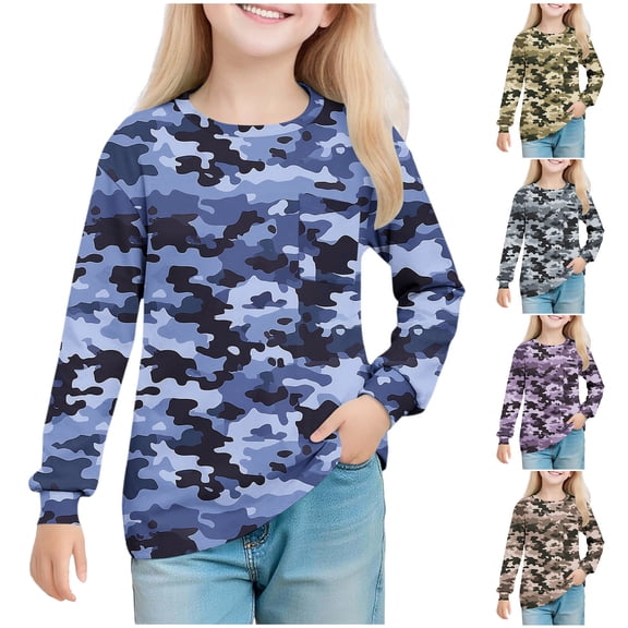 Vibrex Girls' Printing Round Neck Shirt Long Sleeved Top Children's Pullover Shirt For 5-14 Years Camouflage Top_Blue_5 Years