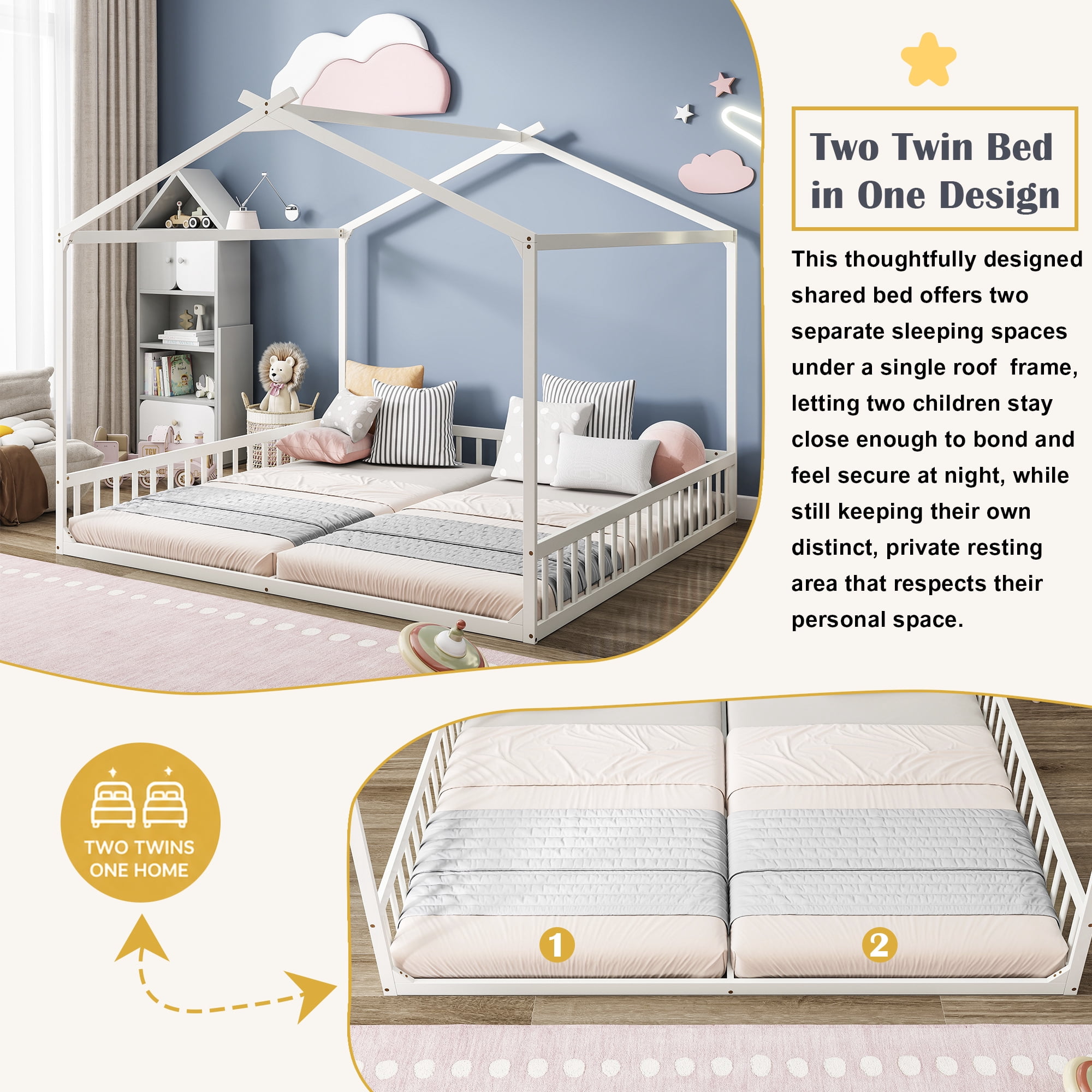 Double Twin House-Shaped Floor Bed with Safety Guardrails, without door, White
