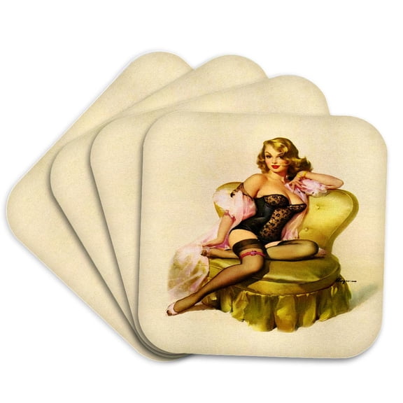 3dRose, Print of Elvgren Pinup Waiting for You In Lingerie, Set of 4 Coasters - Soft