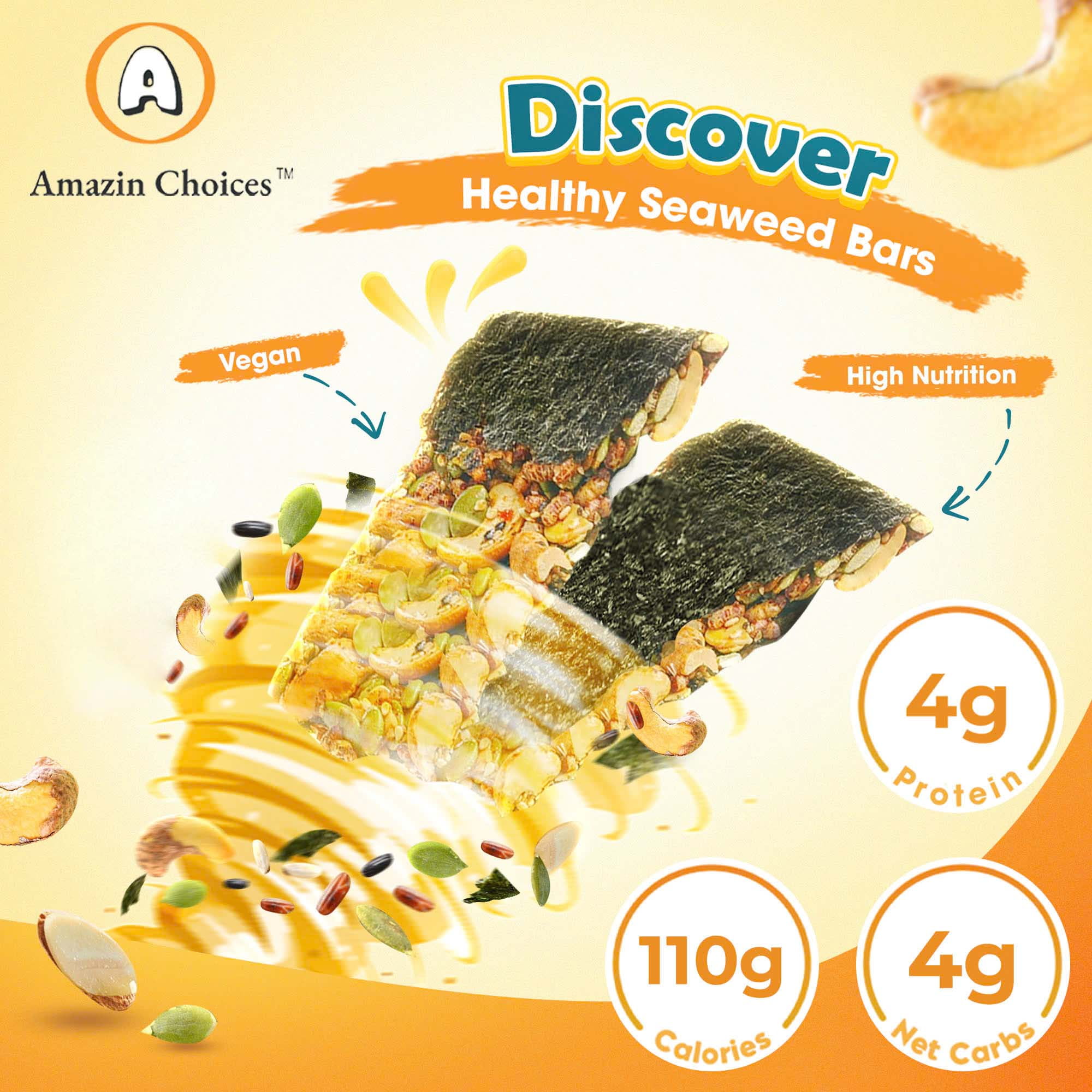 Amazin Choices Seaweed Crunch with Nuts, Classic Taste, Seaweed Sandwich, Seaweed Snack 16-pack ( Paper Box )