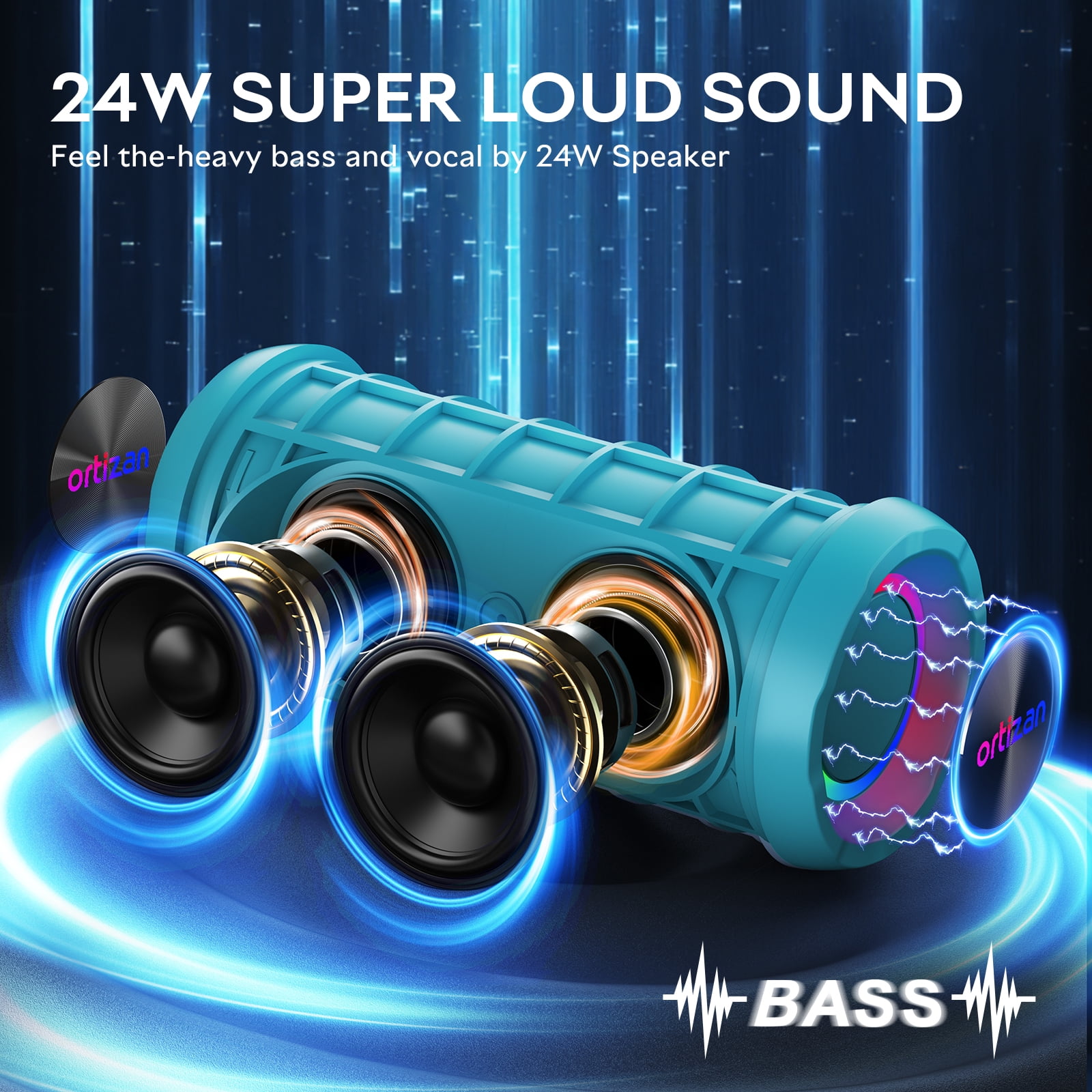 Ortizan X10B 24W Bass Boost Bluetooth Speaker, IPX7 Waterproof, 30H Playtime, Multi-Colored Lights