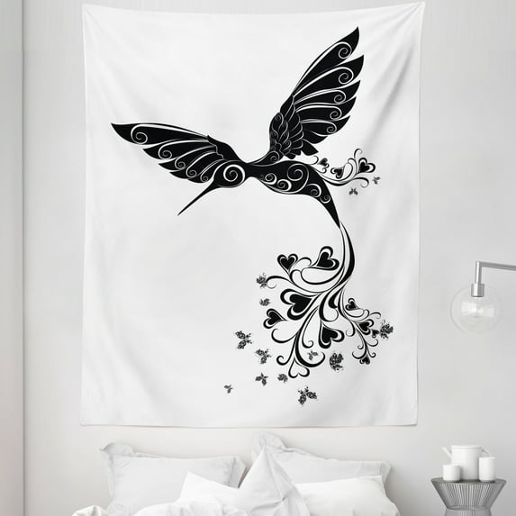 Black White Tapestry, Hummingbird with Hearts Tail and Swirled Feathers Monochrome Animal, Fabric Wall Hanging Decor for Bedroom Living Room Dorm, 5 Sizes, Black and White, by Ambesonne