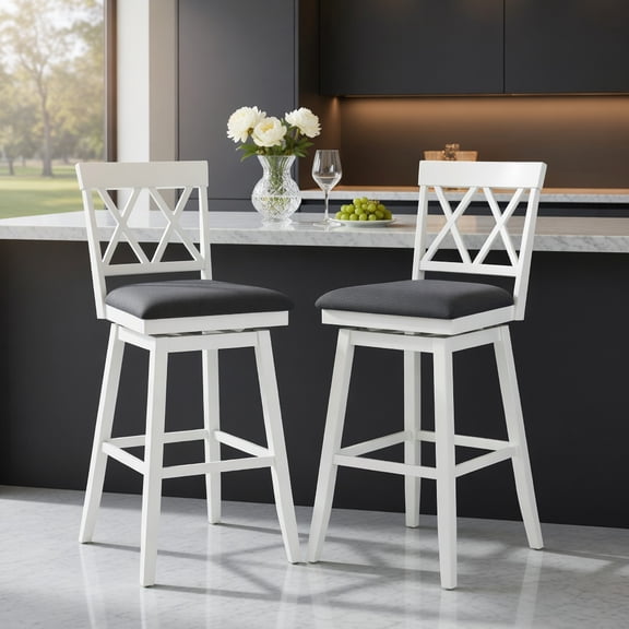 Resenkos 29 Inch Counter Height Barstools, 360 Swivel Upholstered Chair with Backrest for Kitchen, Dining Room, White
