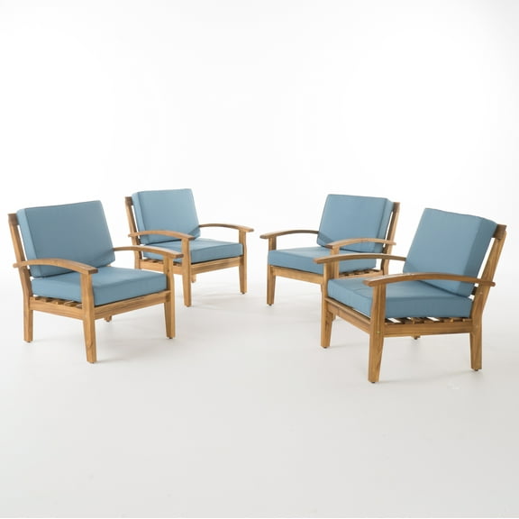 Preston Outdoor Wooden Club Chairs with Cushions, Set of 4, Blue