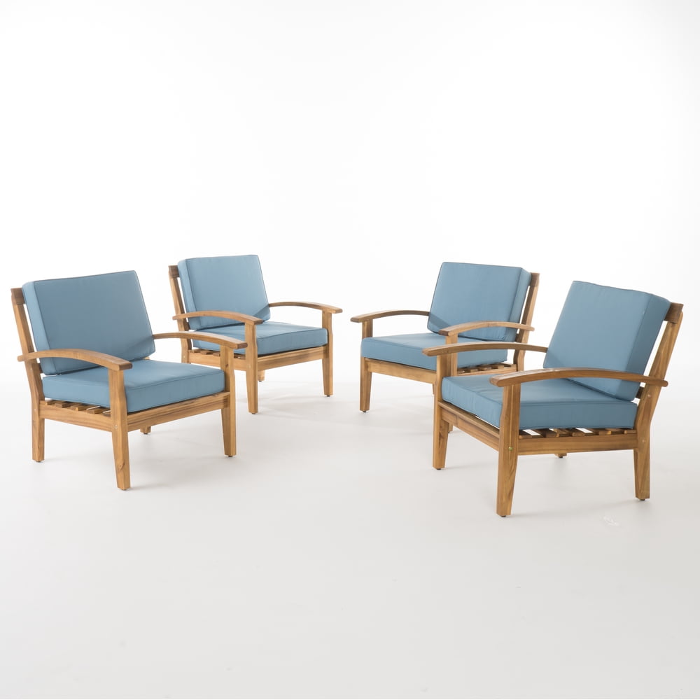 Preston Outdoor Wooden Club Chairs with Cushions, Set of 4, Blue