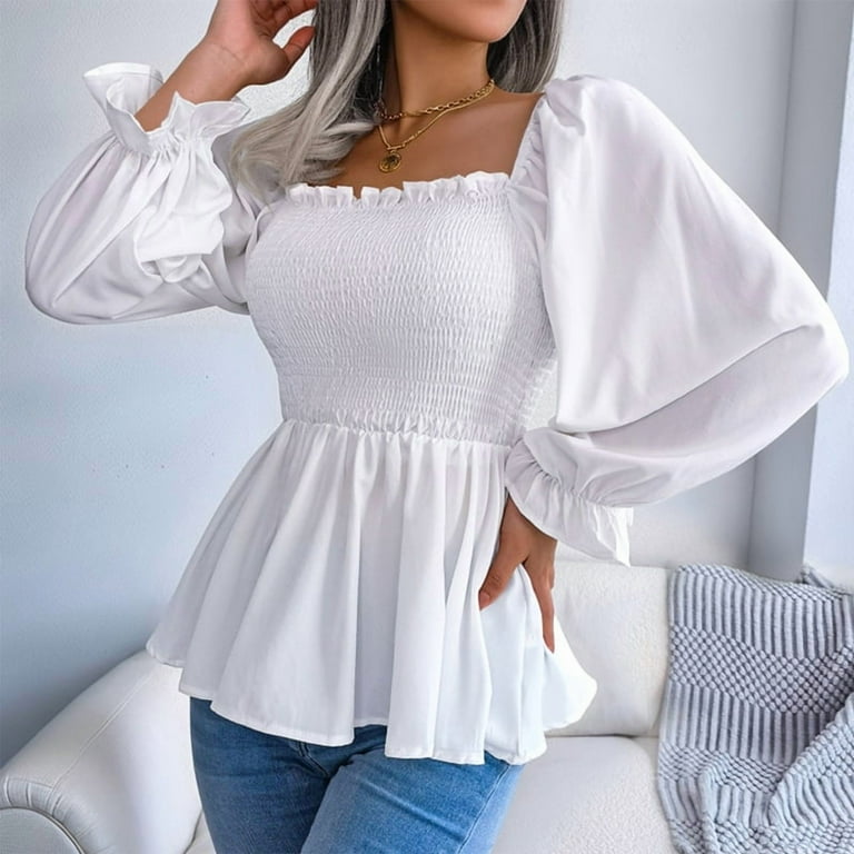 Women'S Long Sleeve Square Neck Lantern Shirred Ruffle Hem