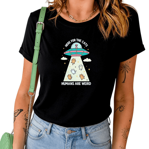 Black Alien UFO Here For The Cats Humans Are Weird Graphic Print Tshirt Graphic Tees Shirts Funny Sci-Fi Casual Tops S-5XL