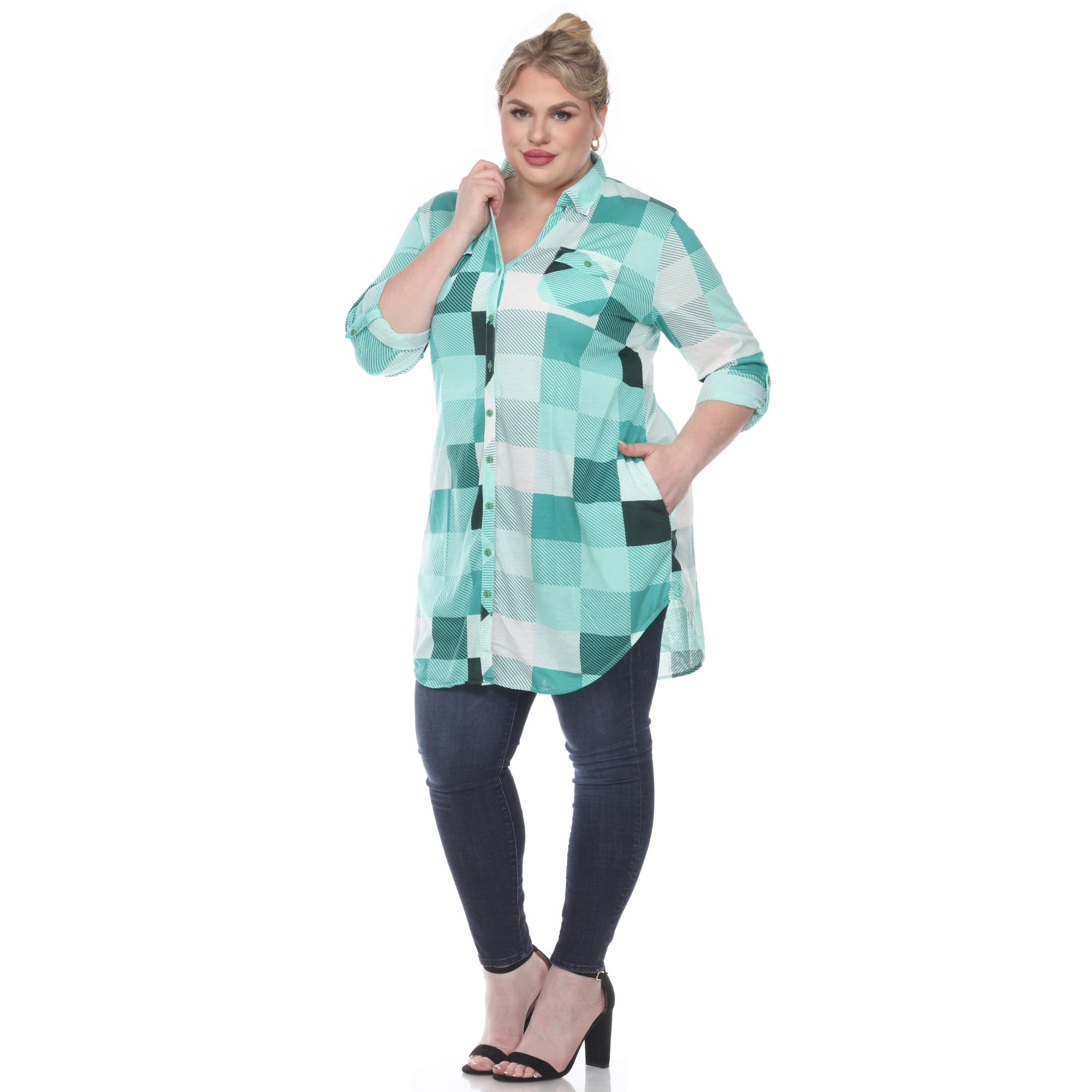 White Mark Women's Plus Size Buffalo Plaid Tunic Shirt