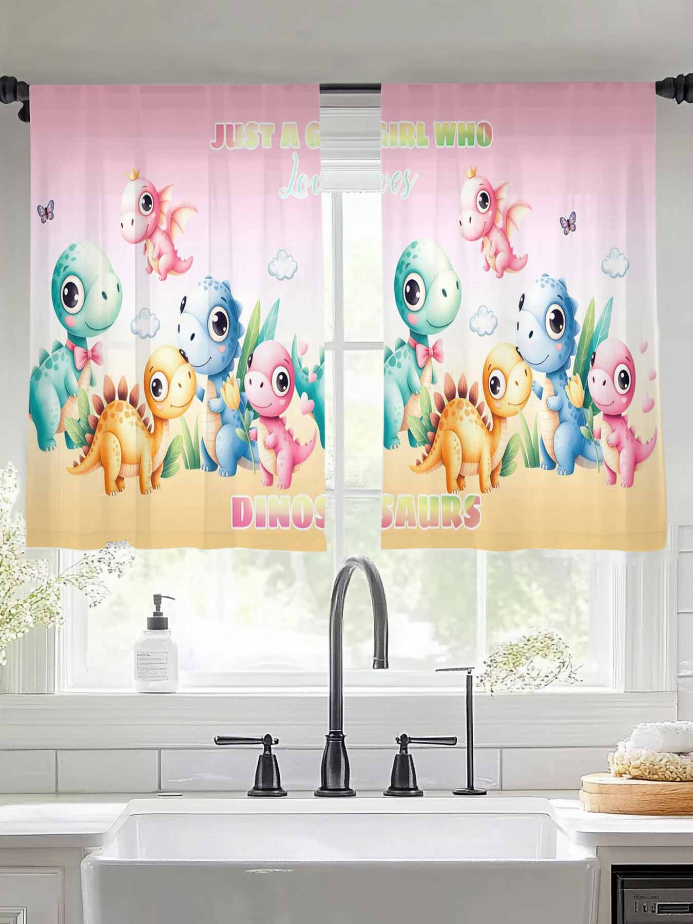 Cartoon Dinosaurs Sheer Curtains 2 Panels Set Just A Boy Who Loves Dinosaurs Gradient Pink Yellow Sheer Window Curtains Light Filtering Rod Pocket Voile Drapes for Bedroom Living Room 52"x54"