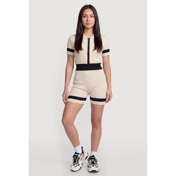 Women's Contrast Trim Collared Zip Front Romper