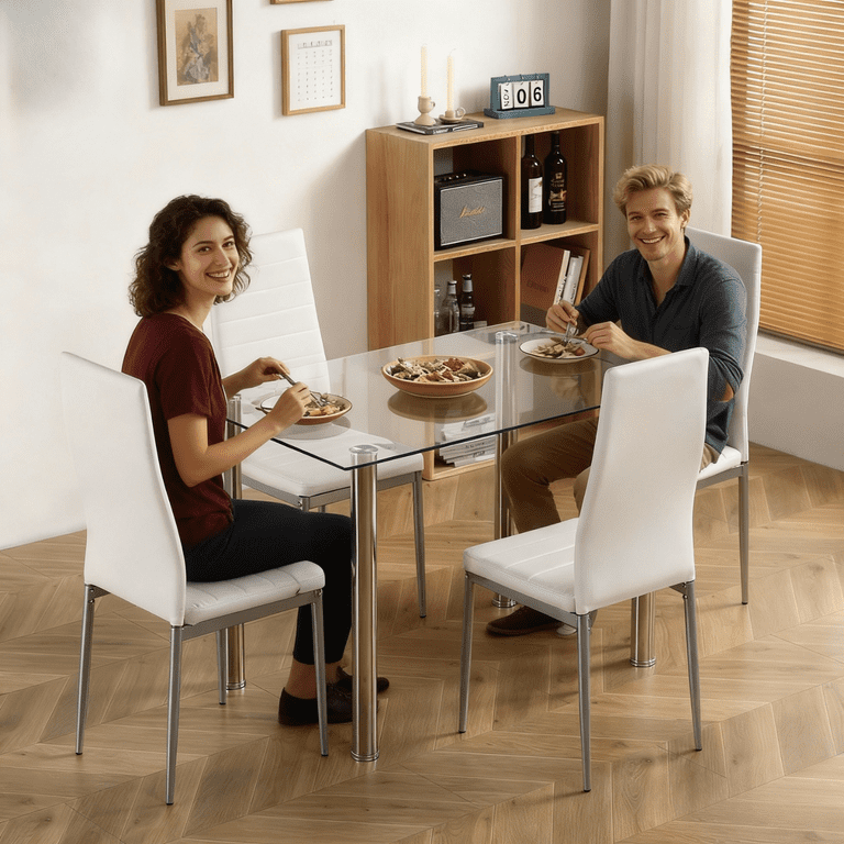 Ktaxon 5pc Dining Set, Glass Top Table & 4 Leather Chairs for