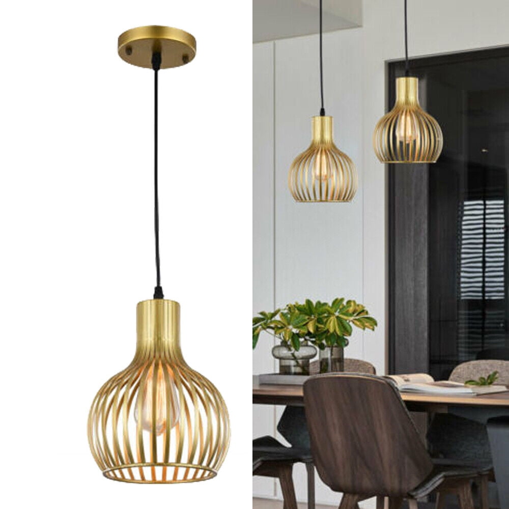 Modern Pendant Light Fixture, Gold, Metal, Hanging Ceiling Cage Lamp for Kitchen