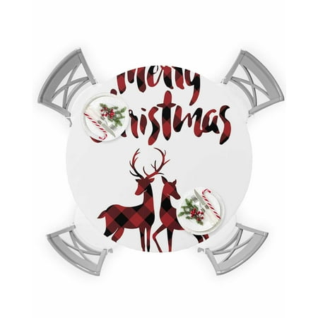 

Round Tablecloth with Elastic Christams Red Black Buffalo Deer Waterproof Stain-proof Table Cover Wipeable Fitted Table Cloths for 55 -60 Round Tables Dining Kitchen Indoor Outdoor Use