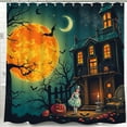 thumbnail image 1 of Whimsical Halloween Shower Curtain - Spooky Moonlit House & Bats Design, 1 of 5