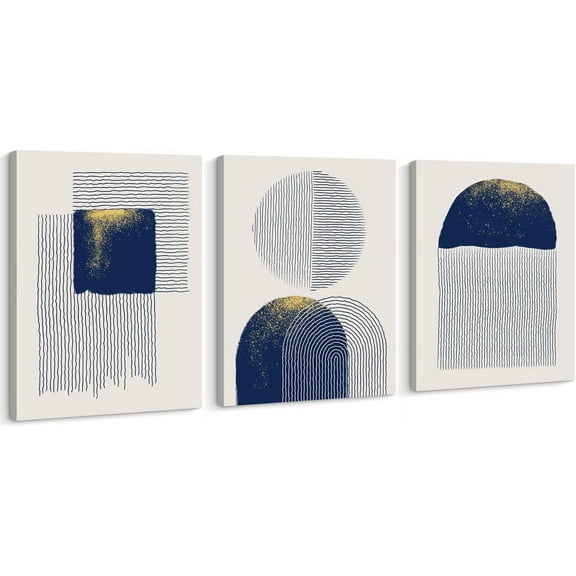 Blue Canvas Wall Art, 3 Pieces Blue and Gold Canvas Print Framed Artwork Set for Living Room Wall Decor, Abstract Nordic Geometric Illustration Canvas Art